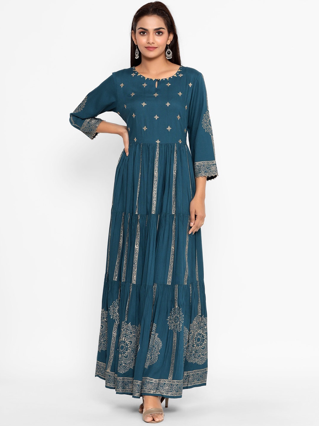 

ZOLA Women Navy Blue & Beige Ethnic Motifs Printed Keyhole Neck Thread Work Anarkali Kurta