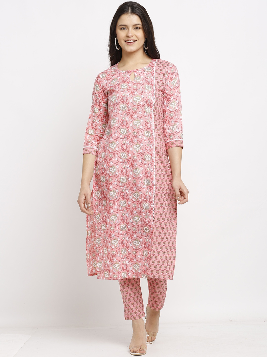 

Rajnandini Women Pink Floral Printed Pure Cotton Kurta with Trousers