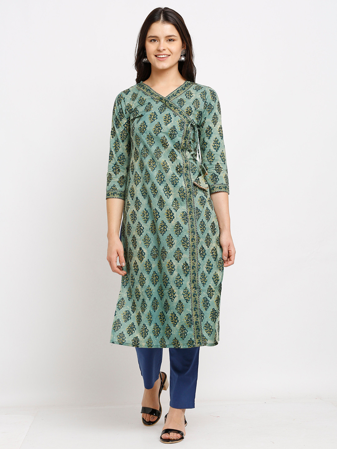 

Rajnandini Women Green & Yellow Ethnic Motifs Printed Pure Cambric Cotton Angrakha Kurta