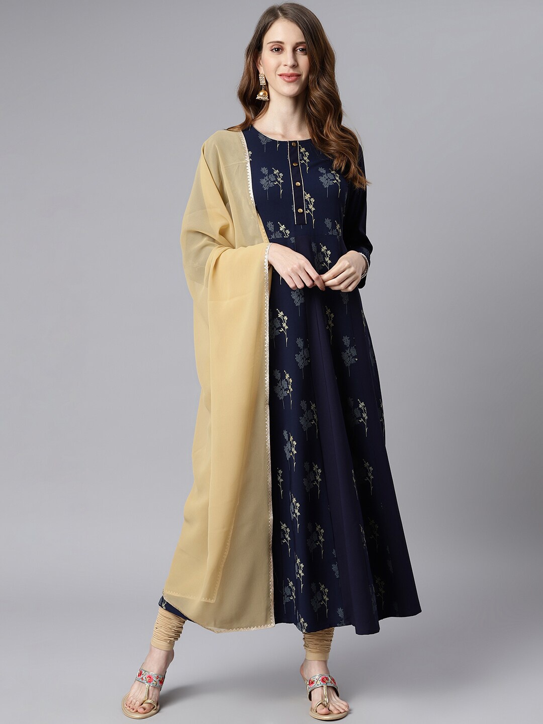 

Janasya Women Floral Printed Anarkali Kurta with Dupatta, Navy blue