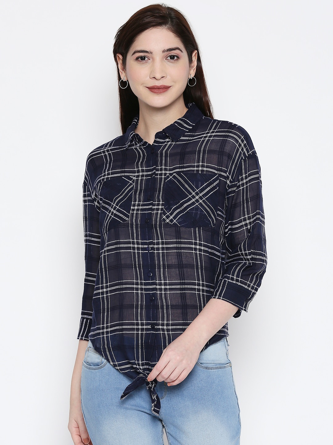 

People Women Blue Checked Tie-Ups Casual Shirt