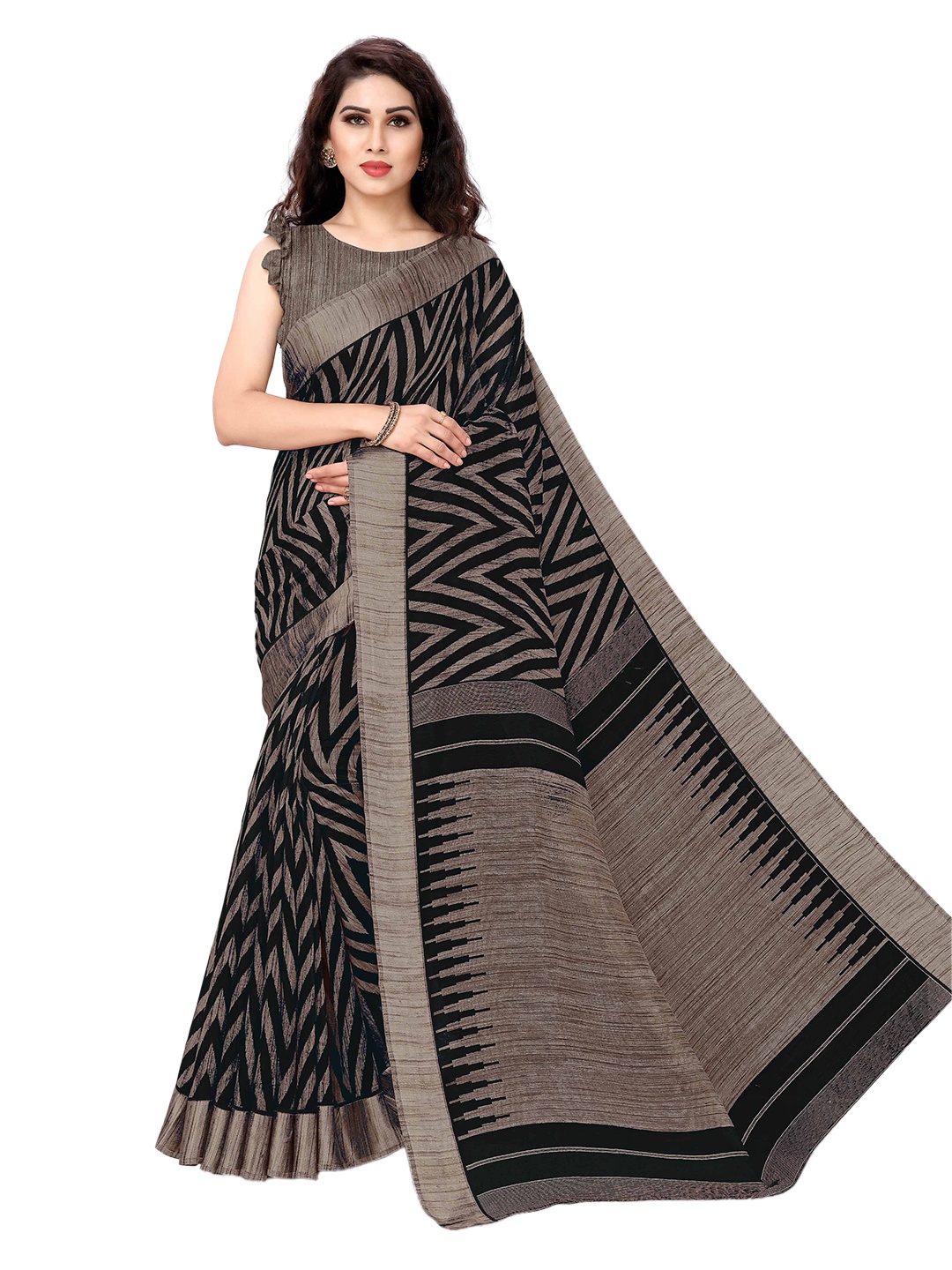 

KALINI Black & Beige Printed Designer Leheriya Saree