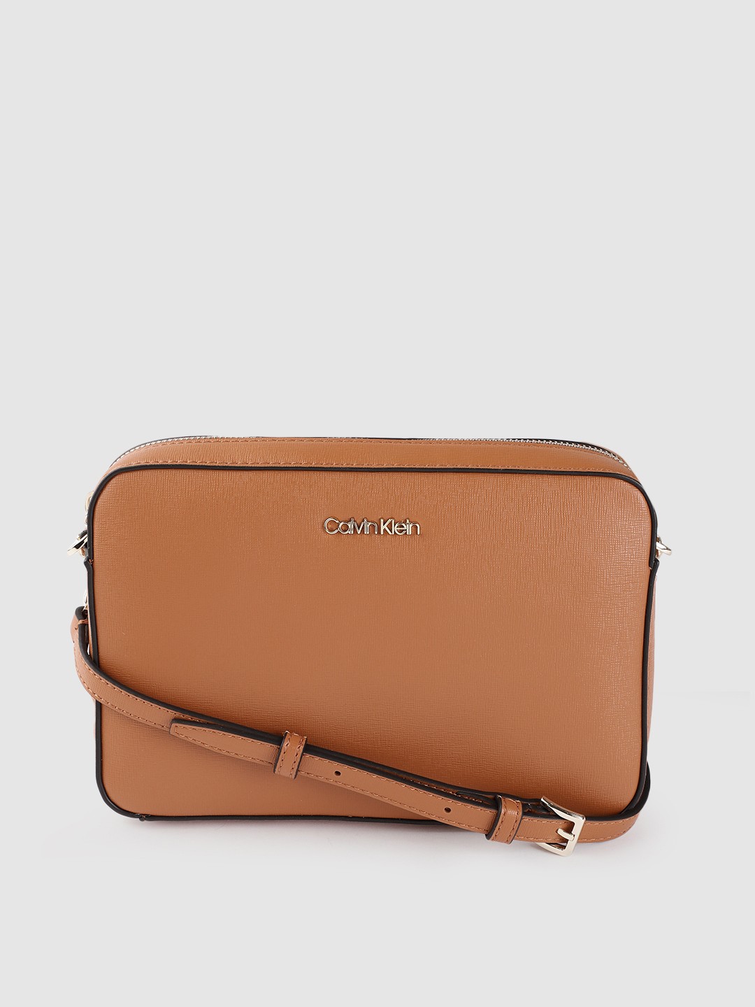 

Calvin Klein Women Brown Saffiano Textured Structured Sling Bag