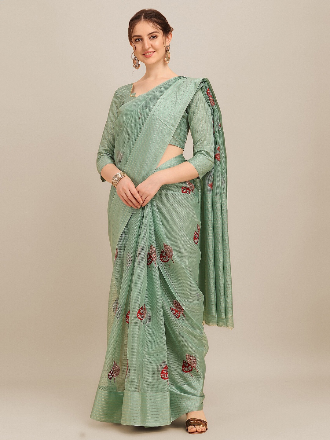 

RAJGRANTH Green & Red Floral Embroidered Designer Kota Saree