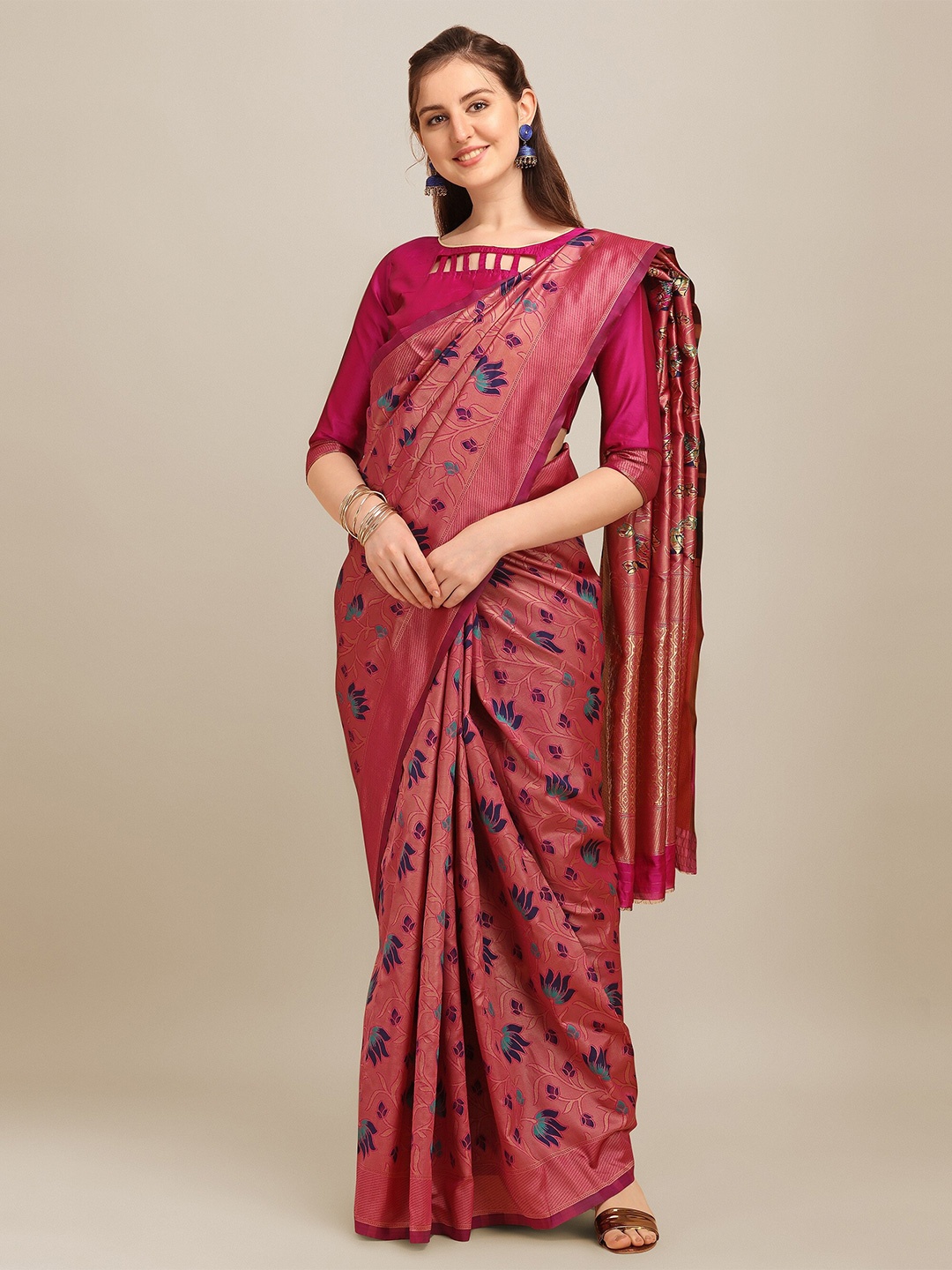 

RAJGRANTH Pink & Blue Floral Zari Silk Cotton Designer Banarasi Saree