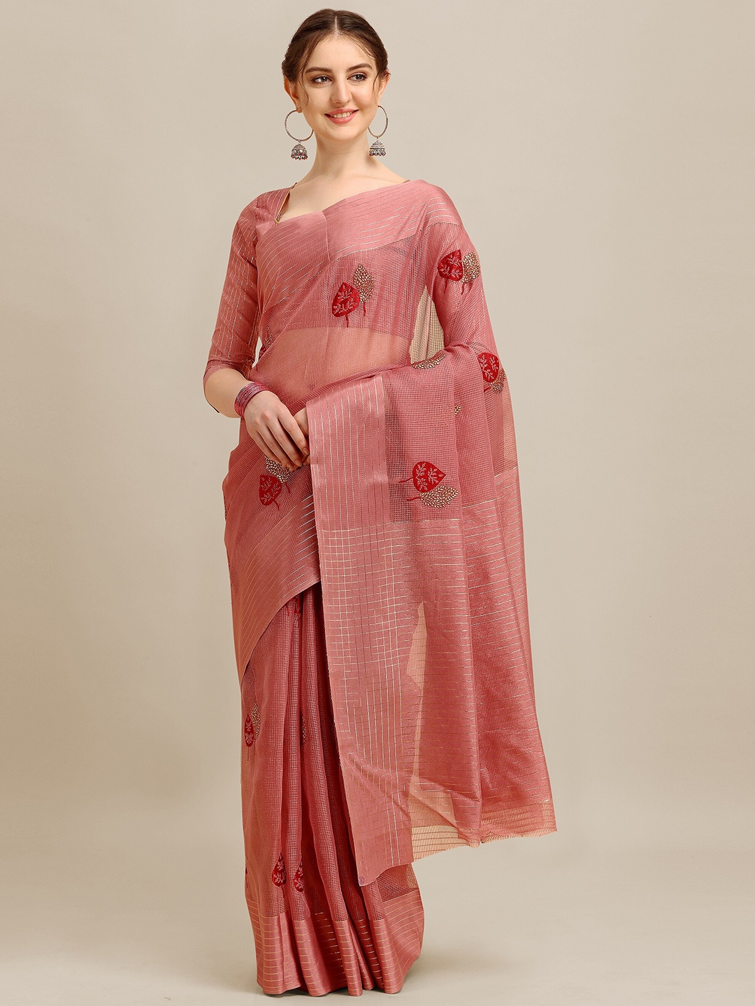 

RAJGRANTH Pink & Red Floral Embroidered Designer Kota Saree