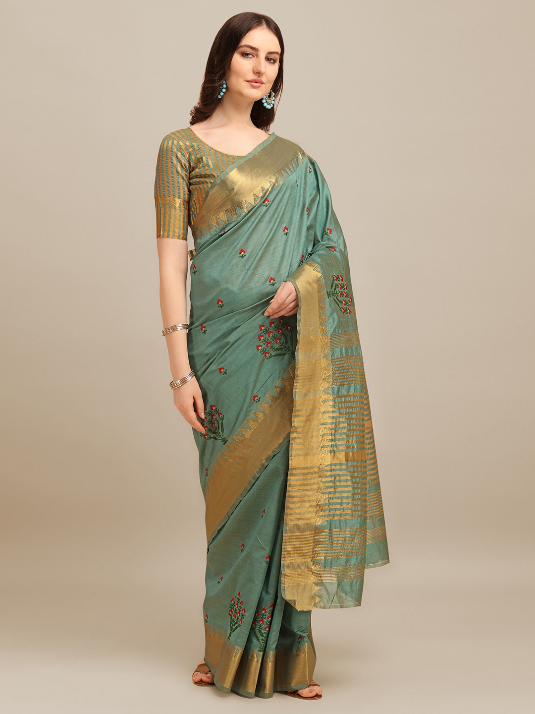 

RAJGRANTH Turquoise Blue & Gold-Toned Floral Embroidered Assam Silk Cotton Designer Saree