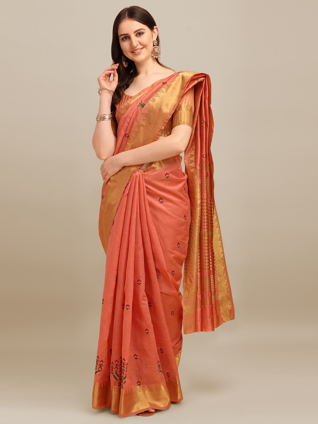 

RAJGRANTH Peach-Coloured & Red Floral Embroidered Silk Cotton Designer Saree