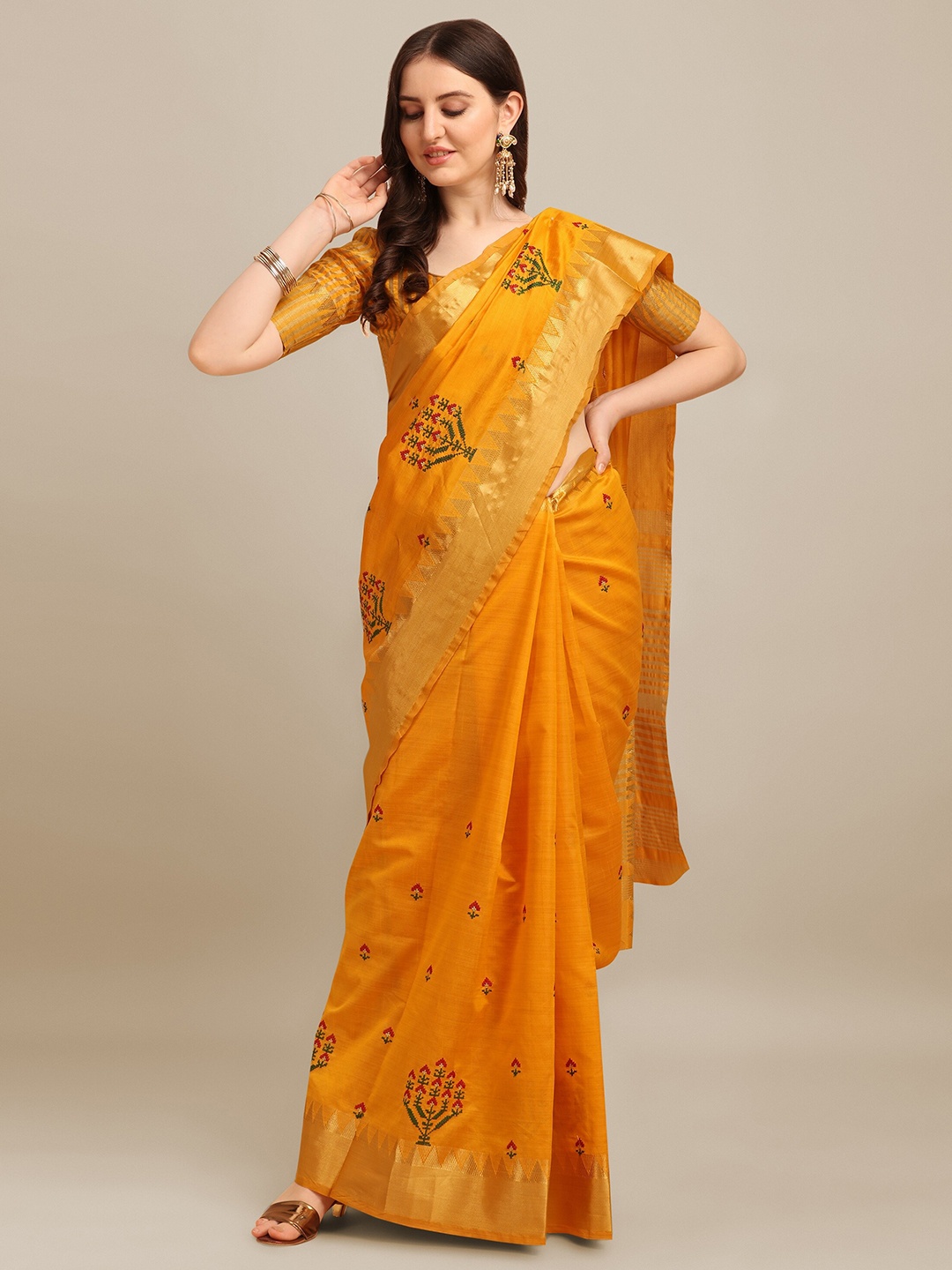 

RAJGRANTH Mustard Yellow & Red Floral Embroidered Silk Cotton Designer Saree