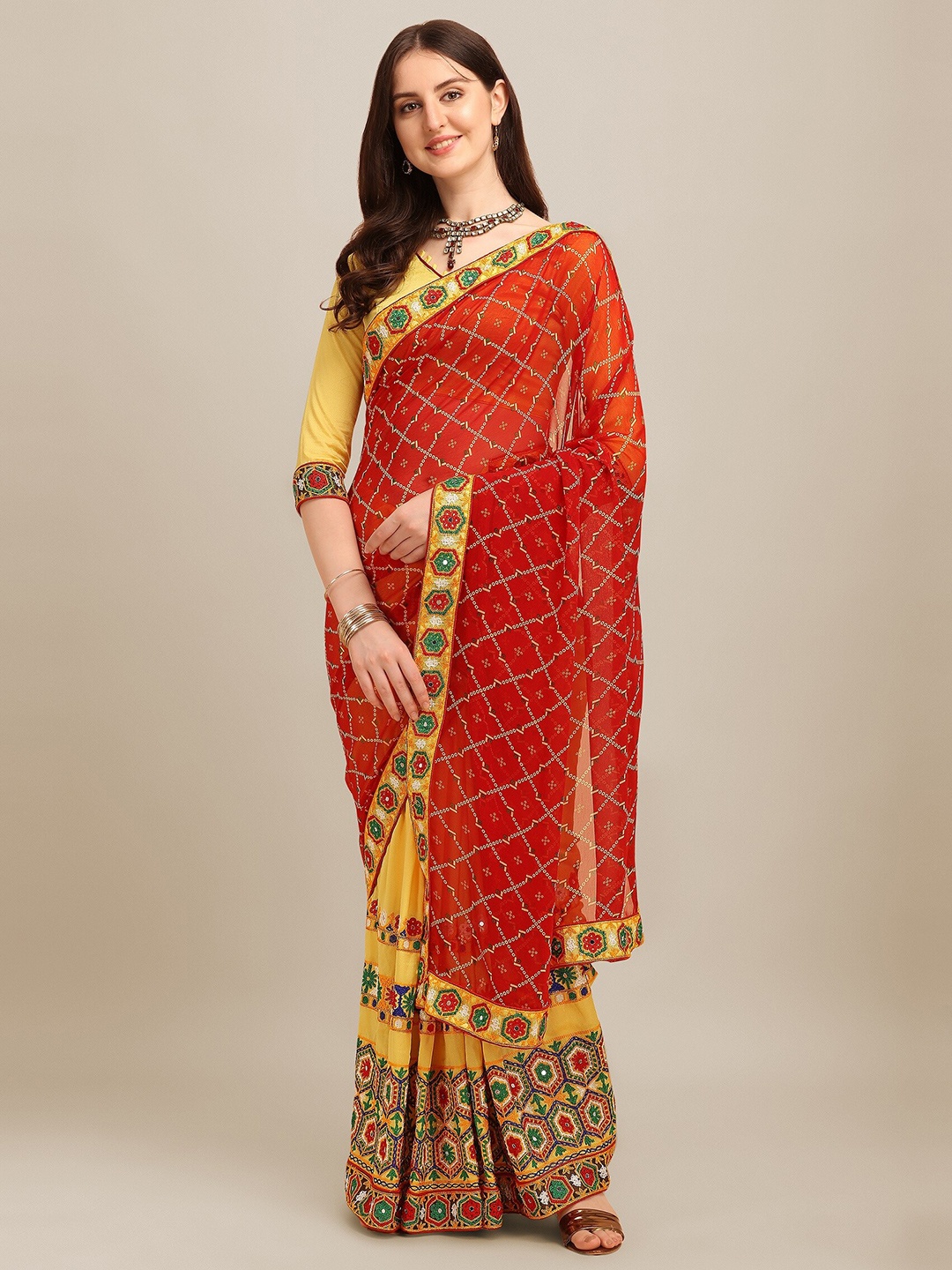 

RAJGRANTH Red & Yellow Floral Kutchi Embroidery Pure Georgette Half & Half Saree