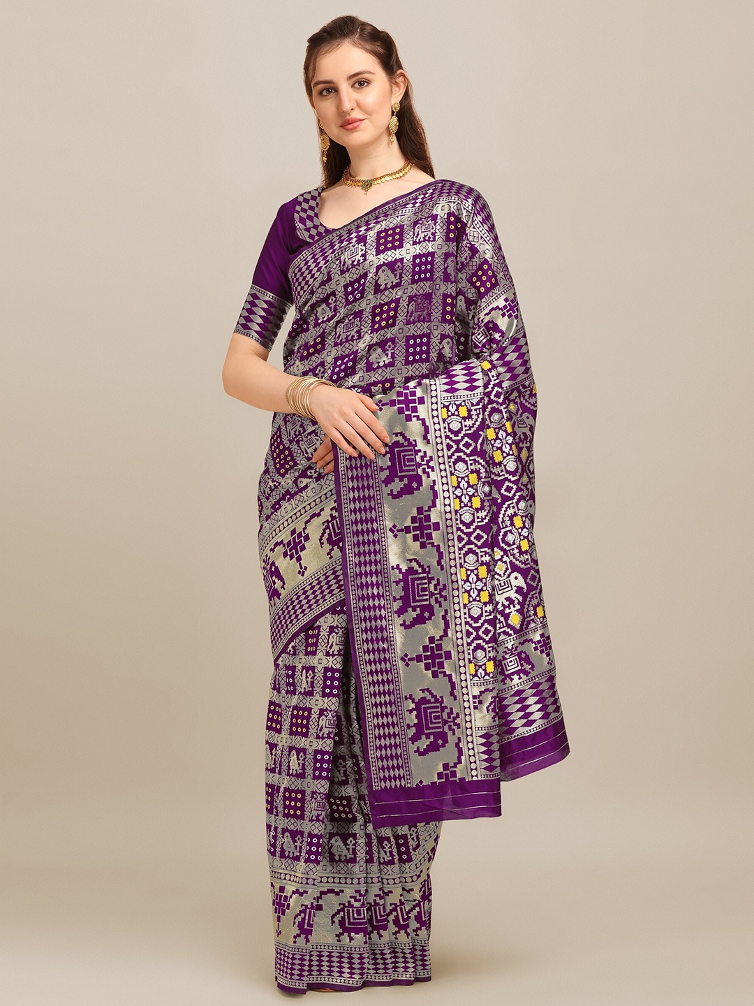 

RAJGRANTH Purple & Gold-Toned Ethnic Motifs Zari Silk Cotton Designer Banarasi Saree
