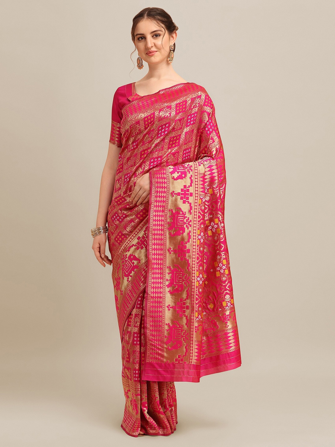 

RAJGRANTH Pink & Gold-Toned Ethnic Motifs Zari Silk Cotton Designer Banarasi Saree