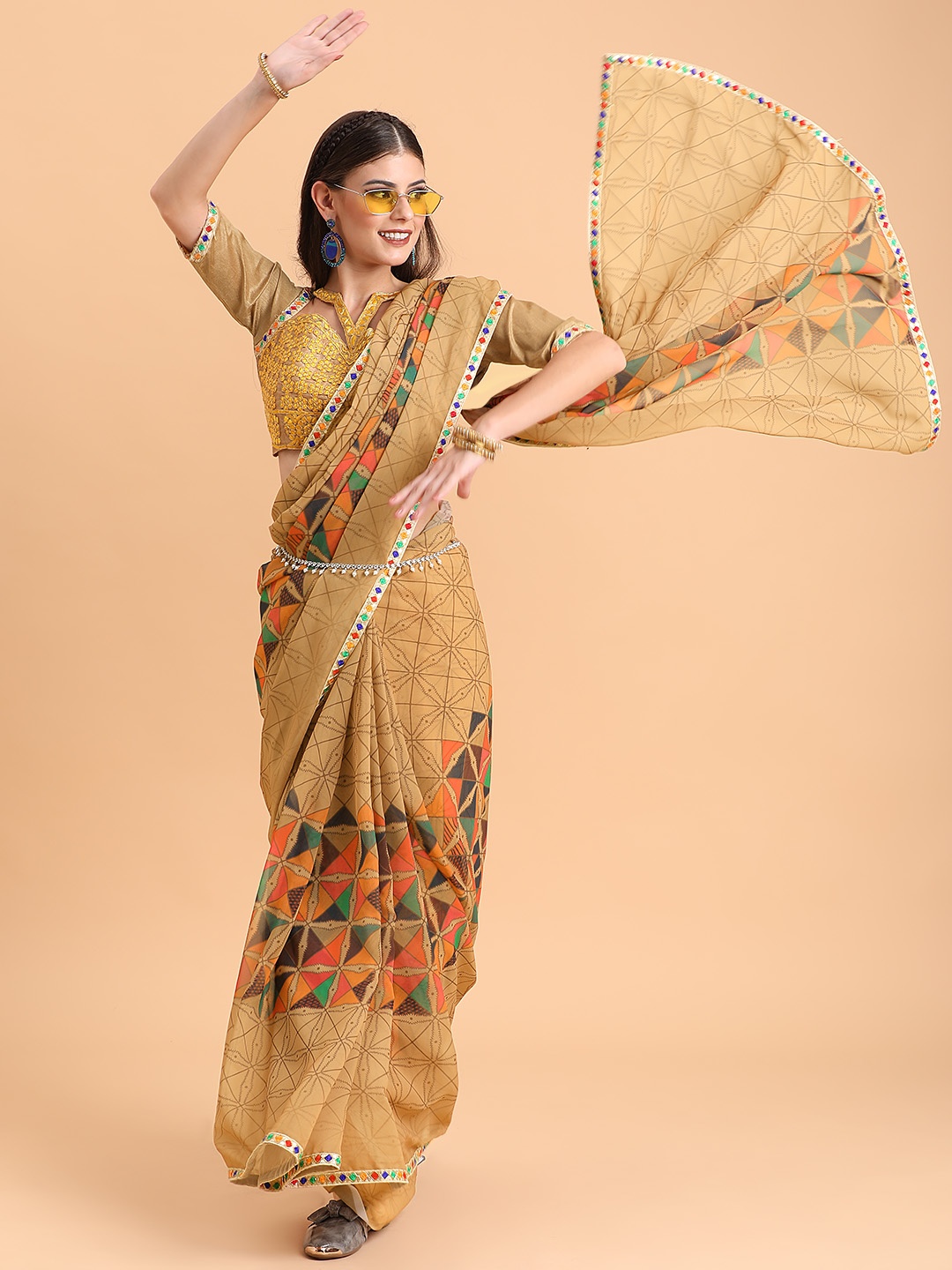 

Sangria Khaki & Orange Sequinned Pure Georgette Designer Saree