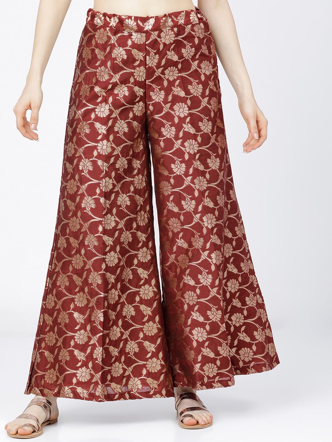 

Vishudh Women Maroon & Gold-Toned Floral Cotton Ethnic Palazzos