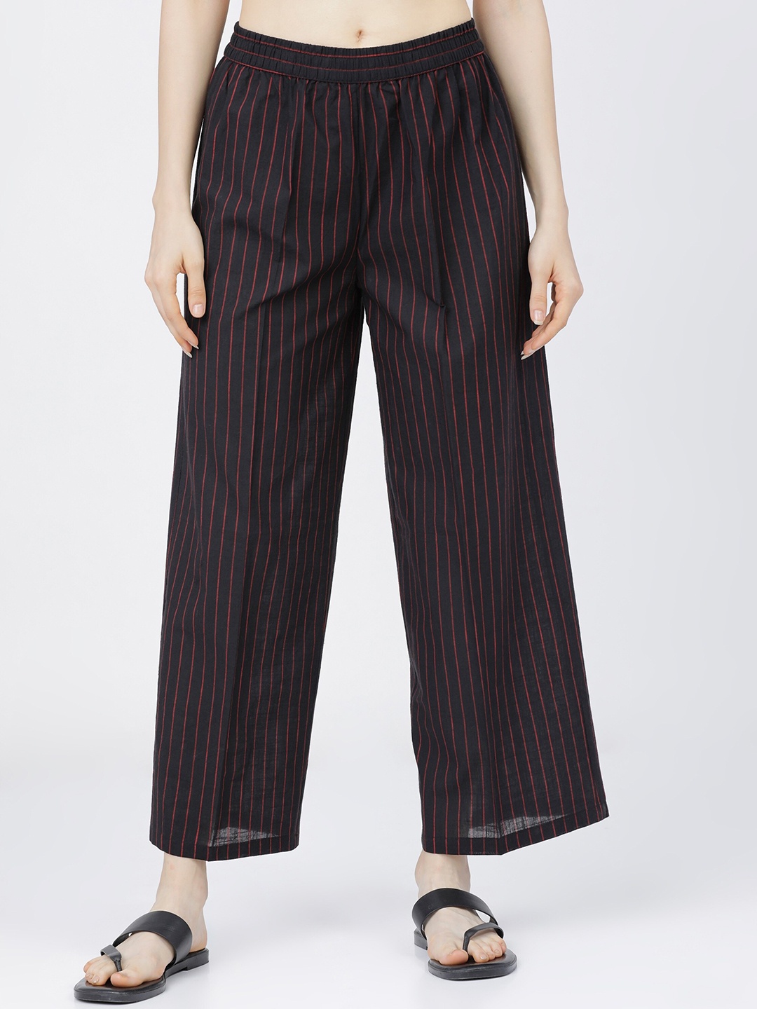 

Vishudh Women Black & Red Striped Cotton Ethnic Palazzos