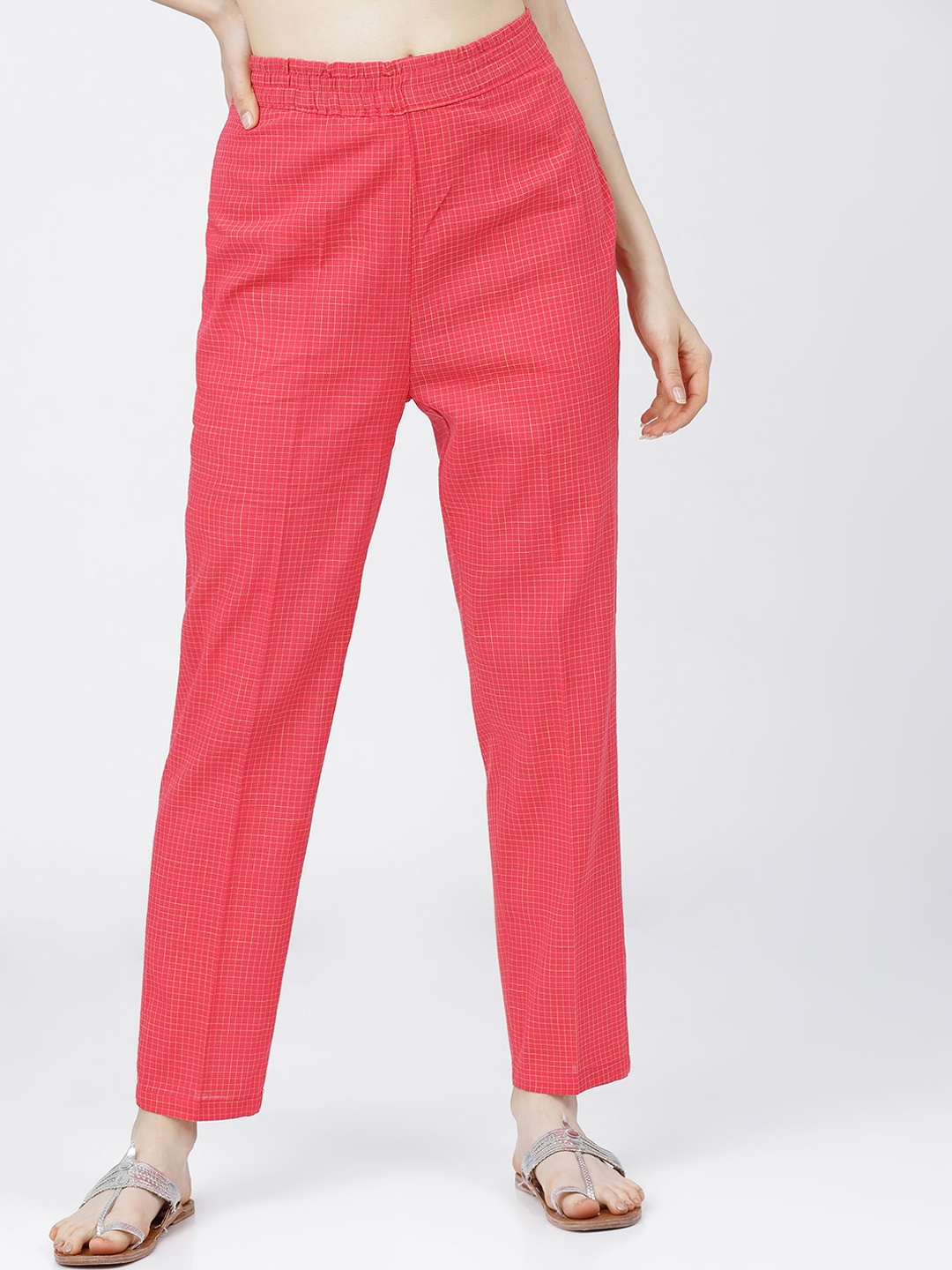 

Vishudh Women Pink Checked Slim Fit Trousers