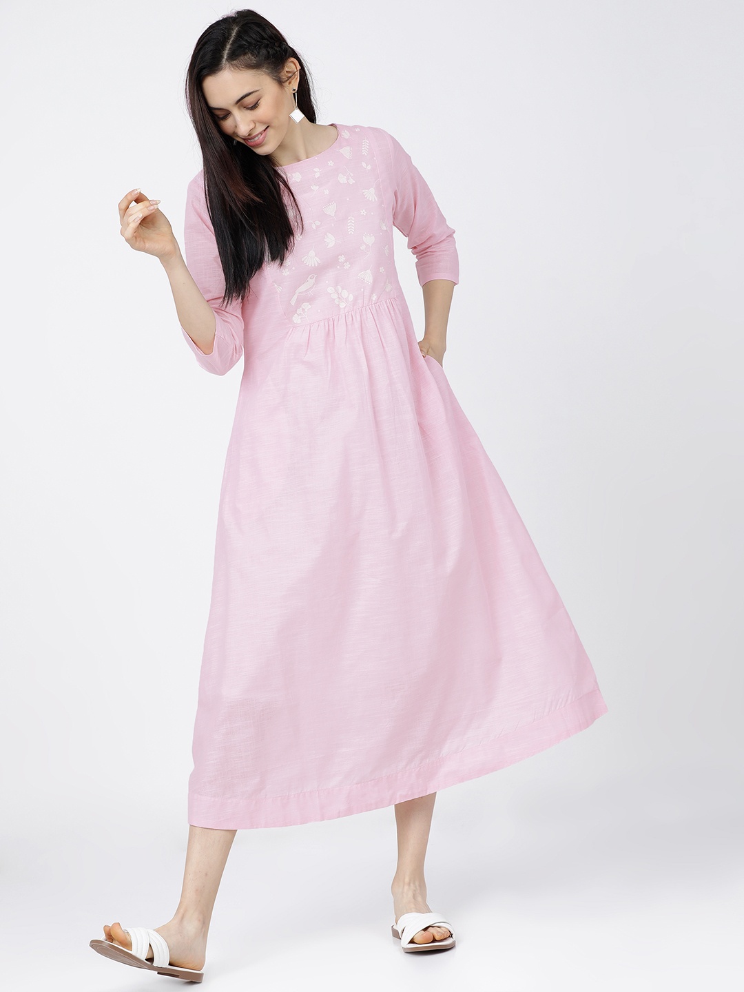 

Vishudh Pink Floral A-Line Midi Dress