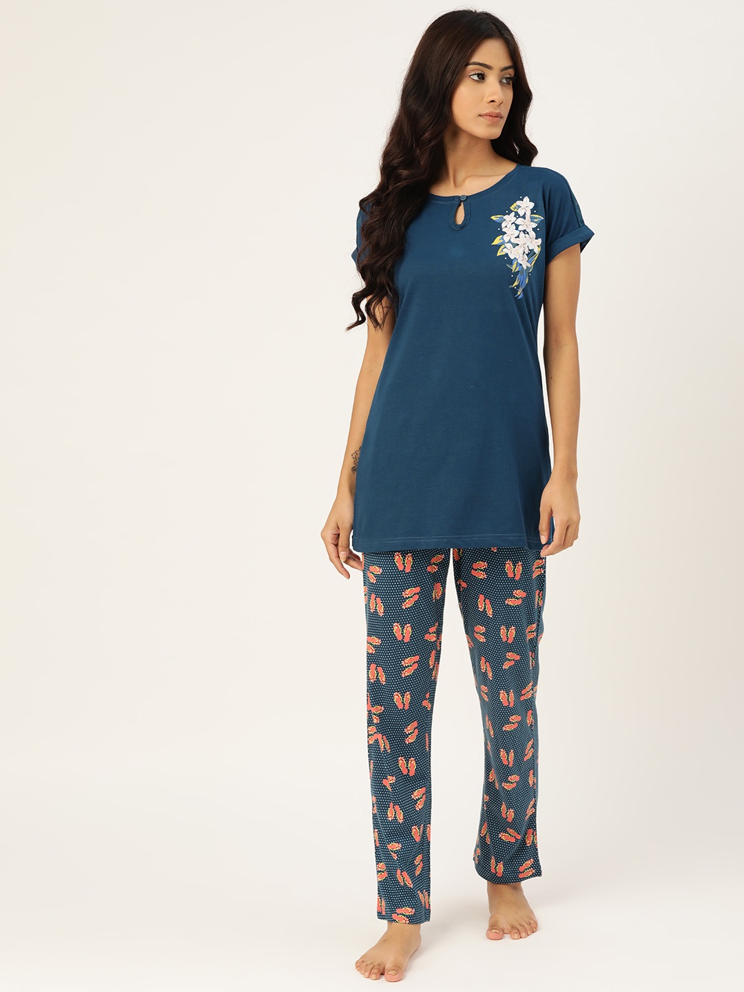 

Sweet Dreams Women Teal Blue & Coral Pink Printed Detail Pyjamas Set