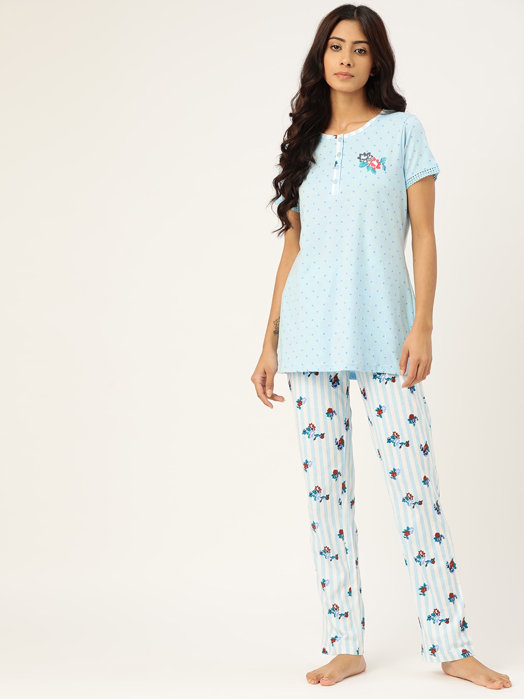 

Sweet Dreams Women Blue & Red Printed Pure Cotton Pyjamas Set