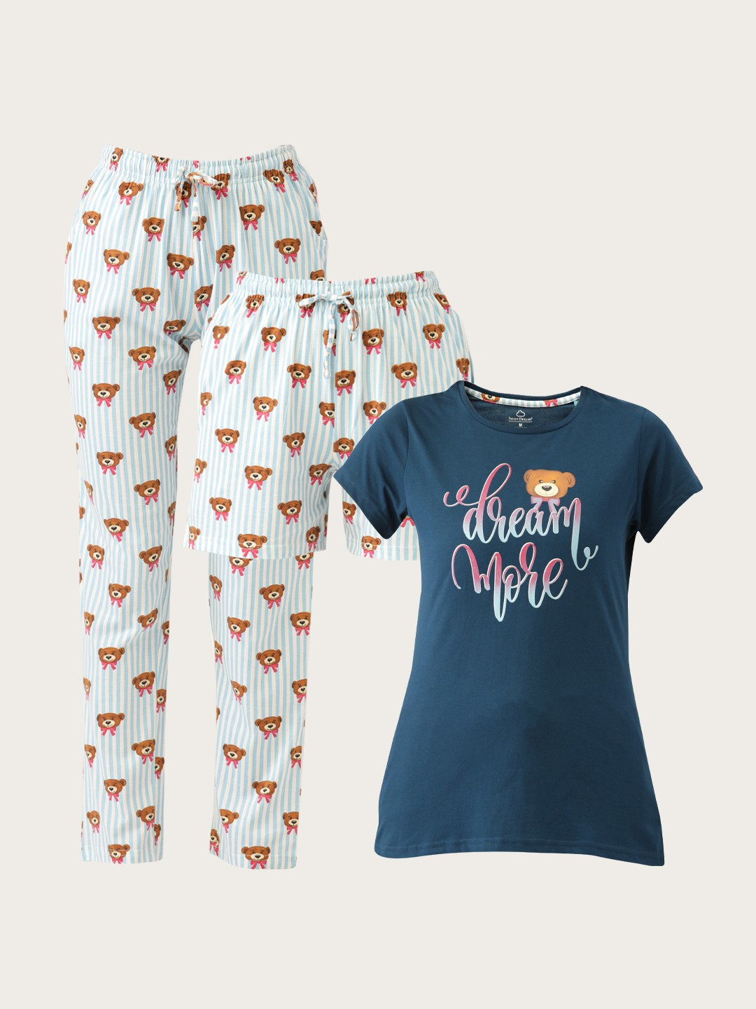 

Sweet Dreams Women Blue & White Cotton 3 Pc Printed Pyjama Set