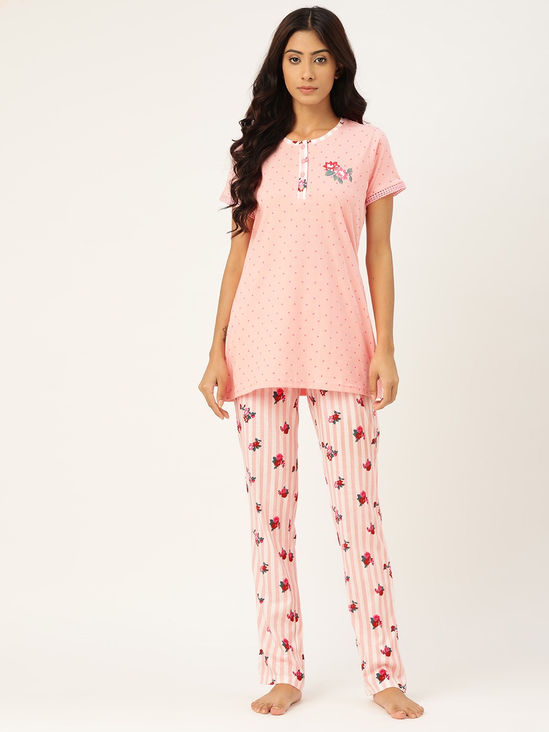

Sweet Dreams Women Pink & Maroon Printed Pure Cotton Pyjamas Set
