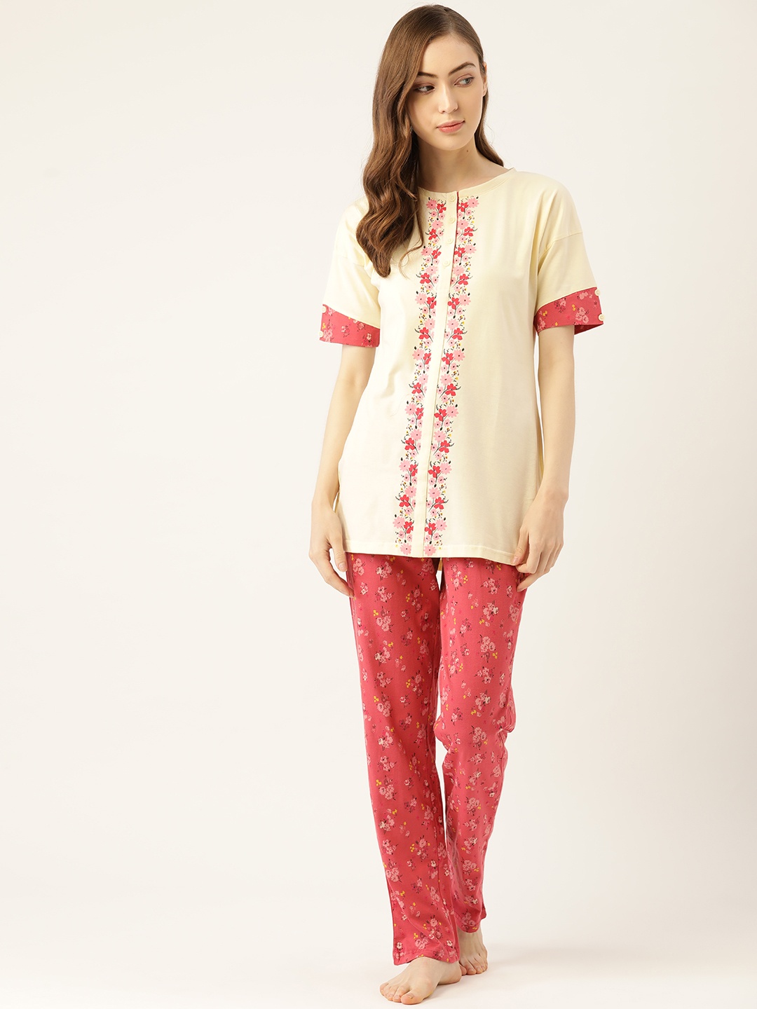 

Sweet Dreams Women Cream-Coloured & Pink Printed Night suit