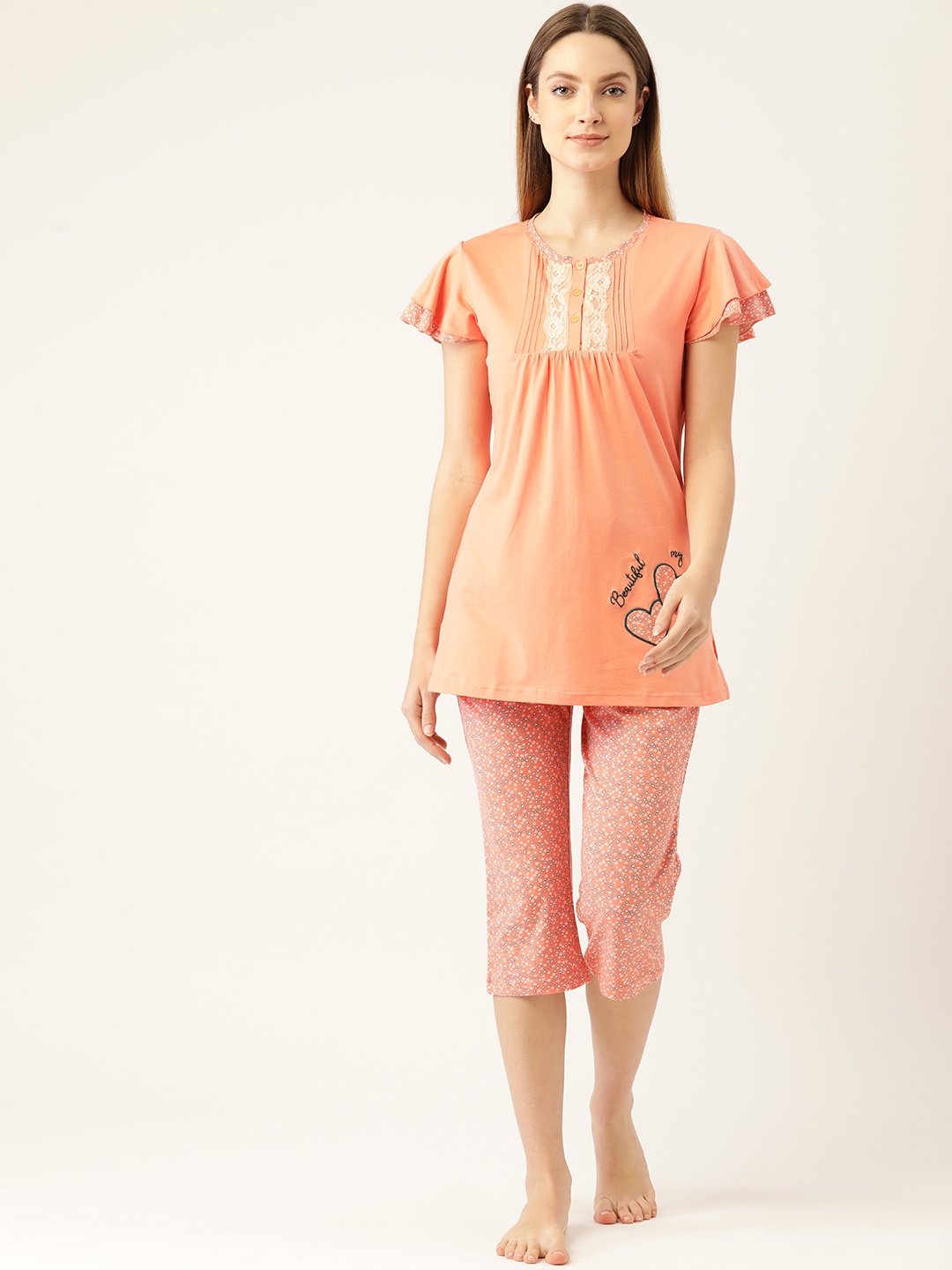 

Sweet Dreams Women Peach-Colored Printed Night suit