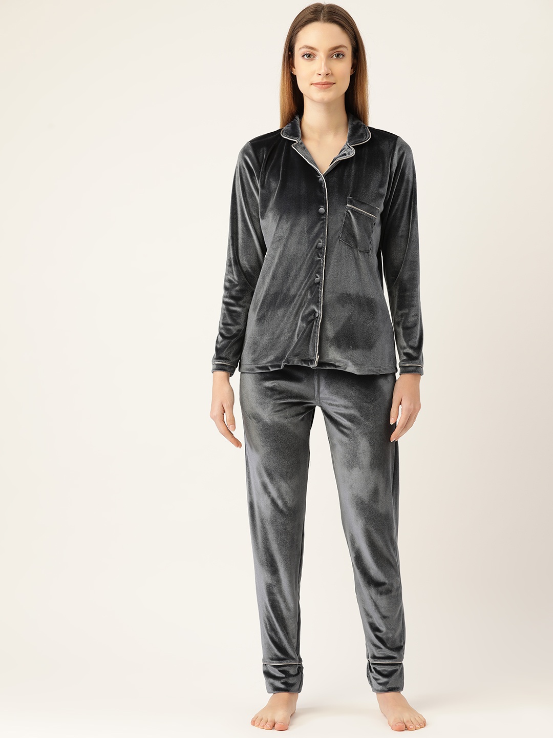 

Sweet Dreams Women Charcoal Grey Velvet Finish Pyjamas Set