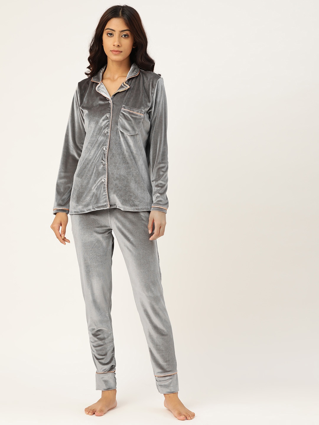

Sweet Dreams Women Grey Velvet Finish Velour Spandex Pyjamas Set