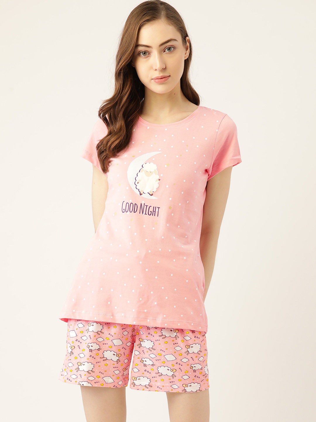 

Sweet Dreams Women Pink & White Cotton Printed Shorts Set