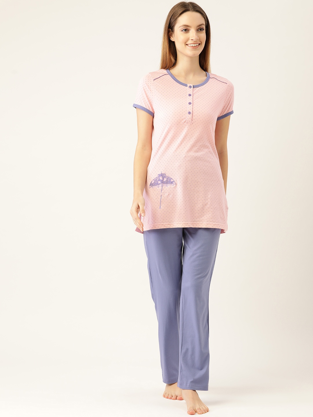 

Sweet Dreams Women Pink & Lavender Printed Cotton Night suit