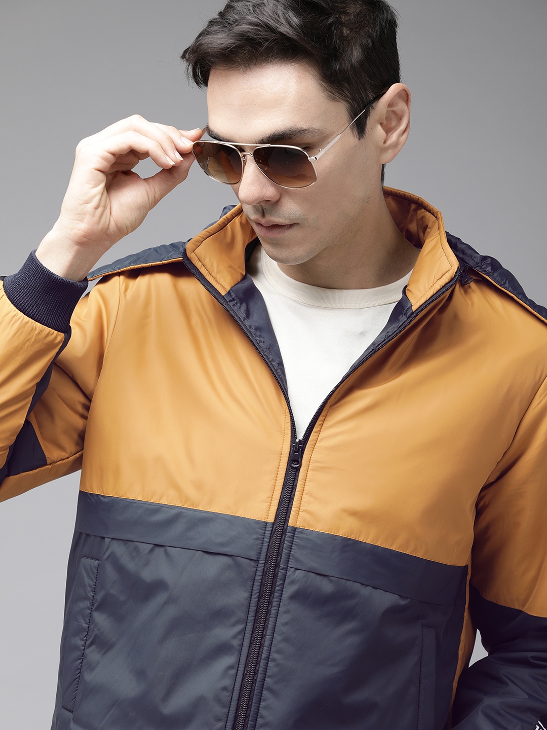 

French Connection Men Orange Navy Blue Colourblocked Brand Logo Sporty Jacket
