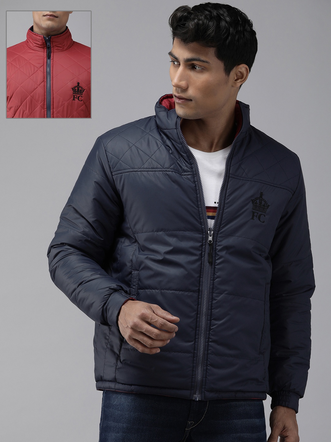 

French Connection Men Blue/ Rust Reversible Quilted Jacket
