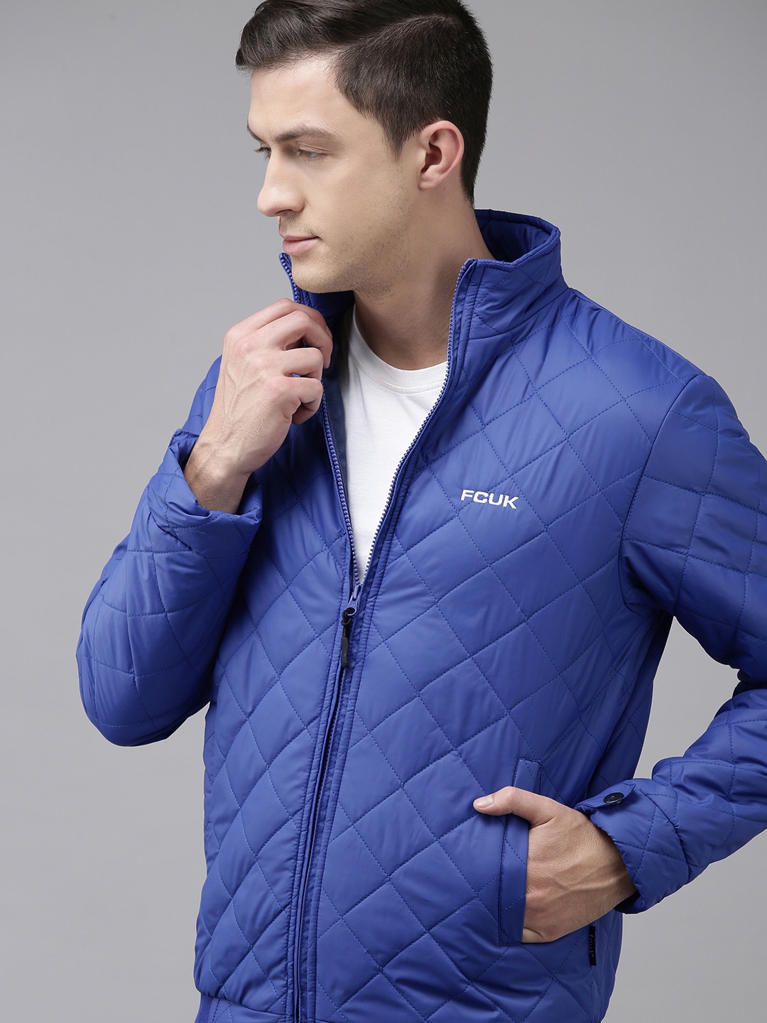 

French Connection Men Blue Solid Mock-Collar ENTANGLE Quilted Jacket