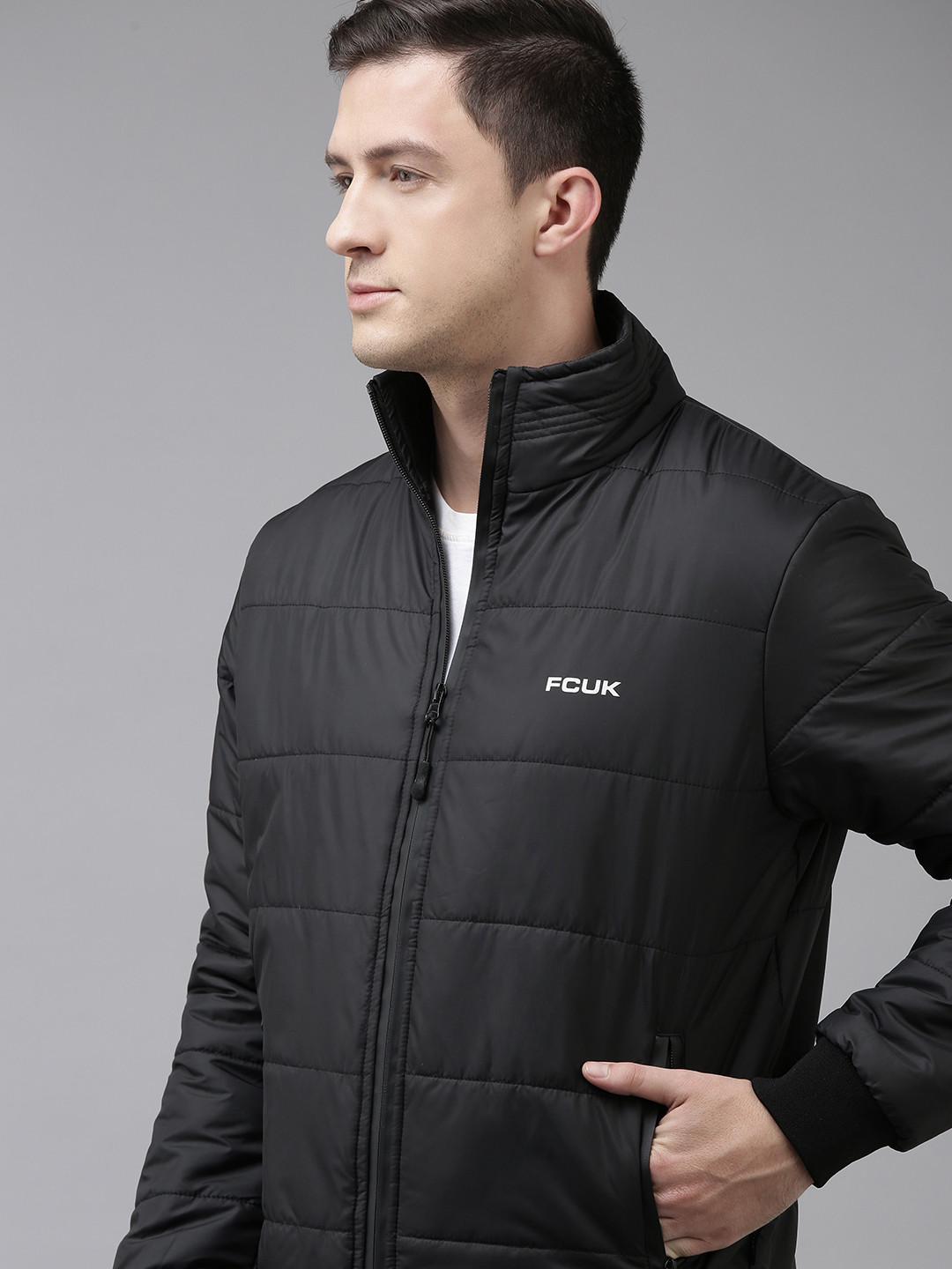 

French Connection Men Black Mock Collar Padded Jacket
