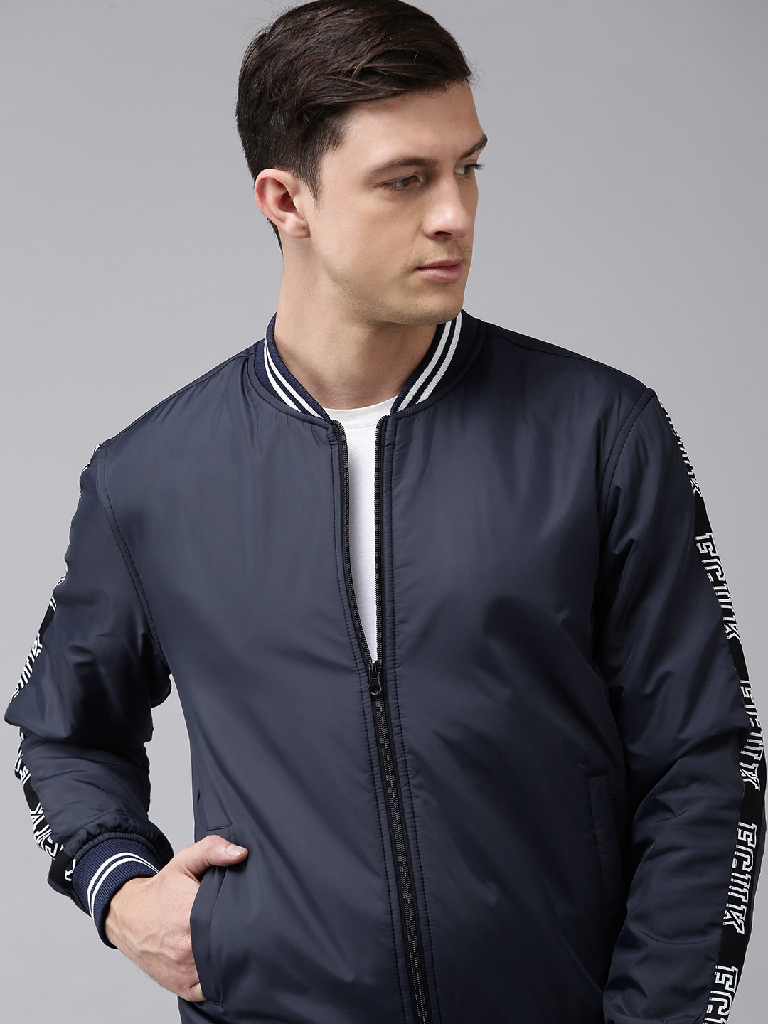 

French Connection Men Navy Blue Solid Varsity Jacket