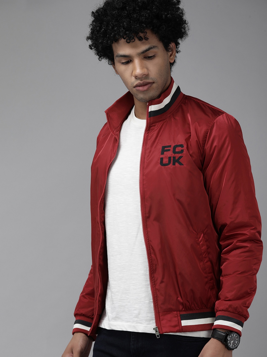 

French Connection Men Red Brand Logo Bomber Jacket