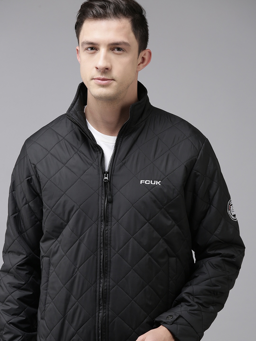 

French Connection Men Black Mock Collar Quilted Jacket