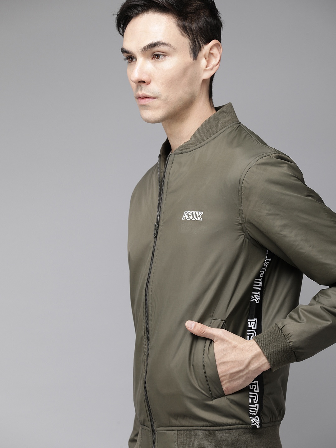 

French Connection Men Olive Green Brand Logo Bomber Jacket