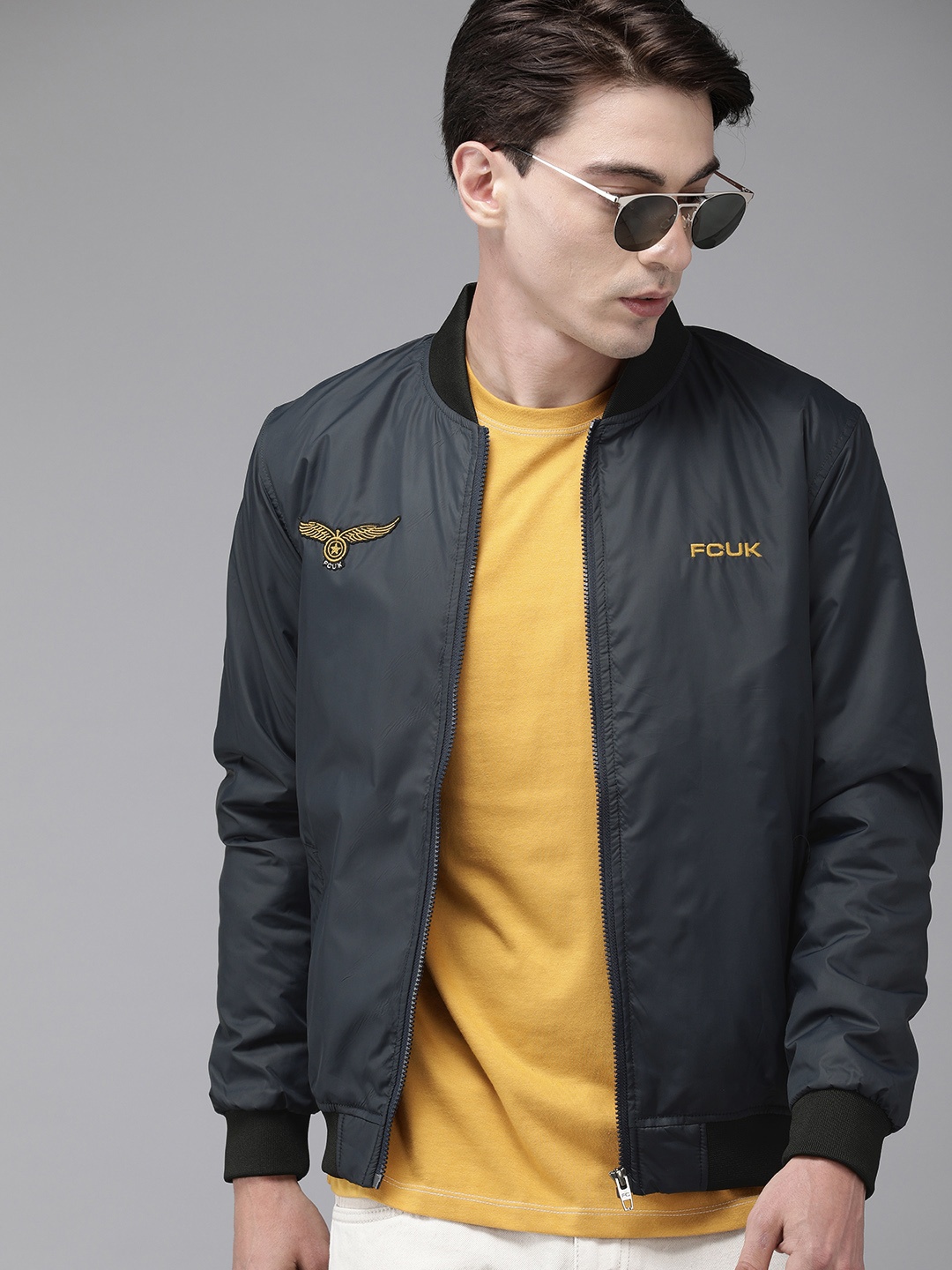 

French Connection Men Navy Blue Brand Logo Embroidered Bomber Jacket