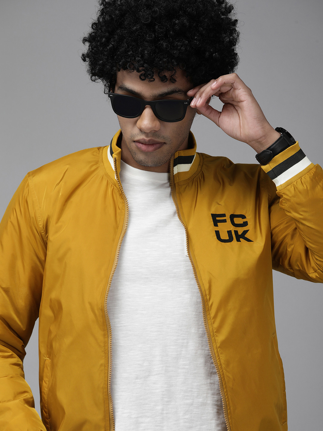 

French Connection Men Mustard Brand Logo Bomber Jacket, Yellow