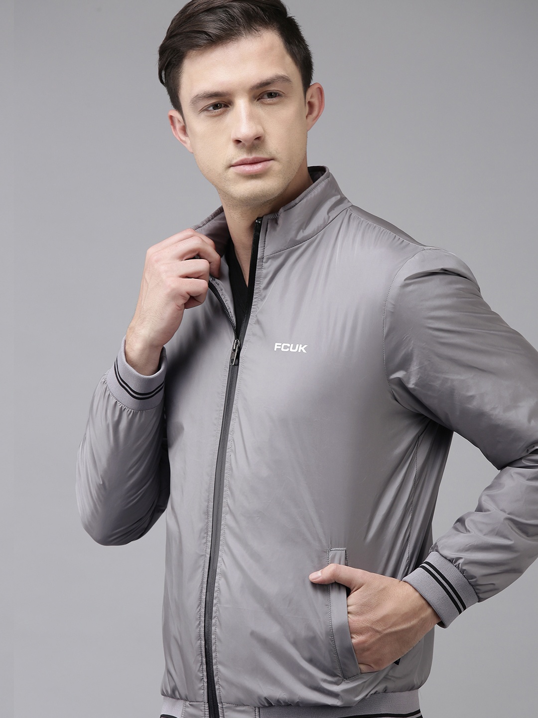 

French Connection Men Silver-Toned Solid Mock-Collar IND SWEDEN Bomber Jacket