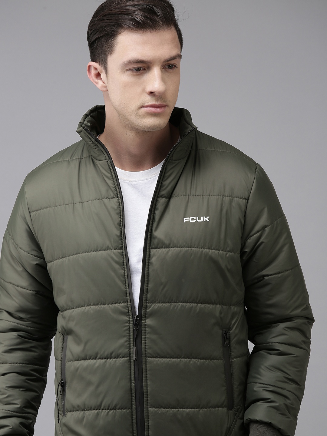 

French Connection Men Olive Green Solid Padded Jacket