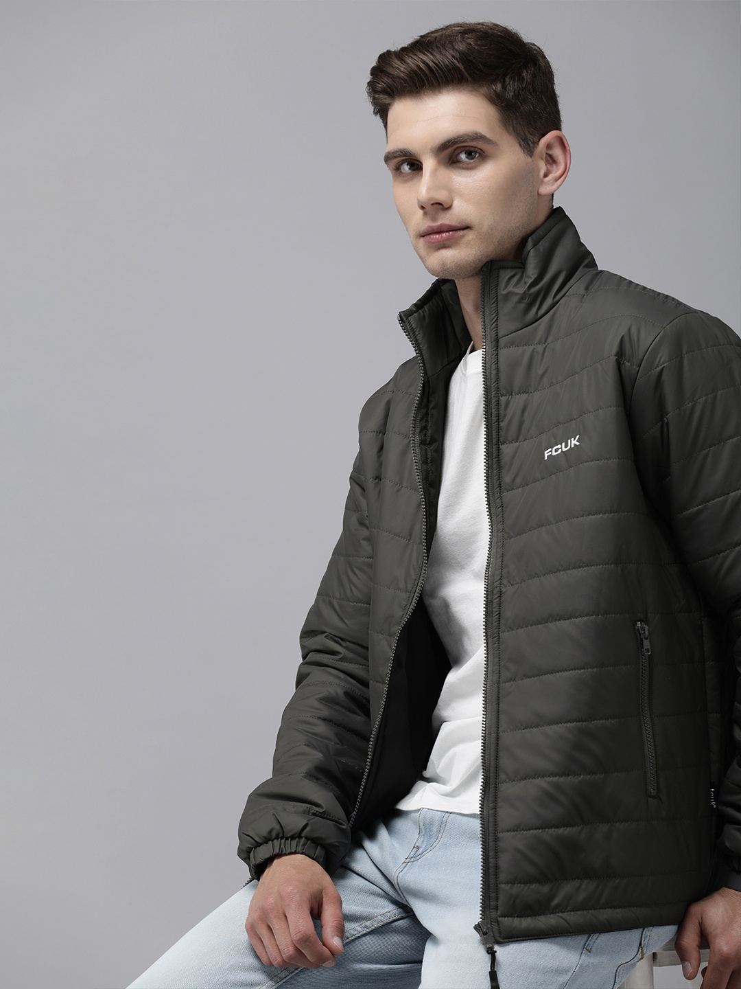 

French Connection Men Charcoal Grey Solid Puffer Jacket