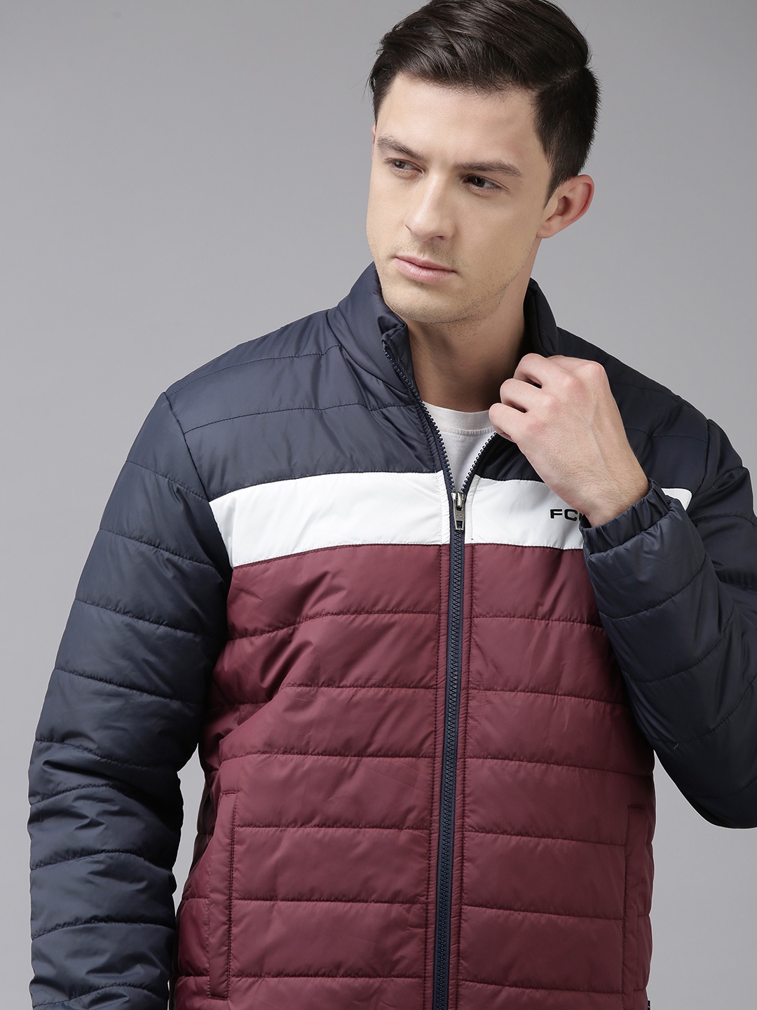 

French Connection Men Maroon Navy Blue Colourblocked Padded Jacket