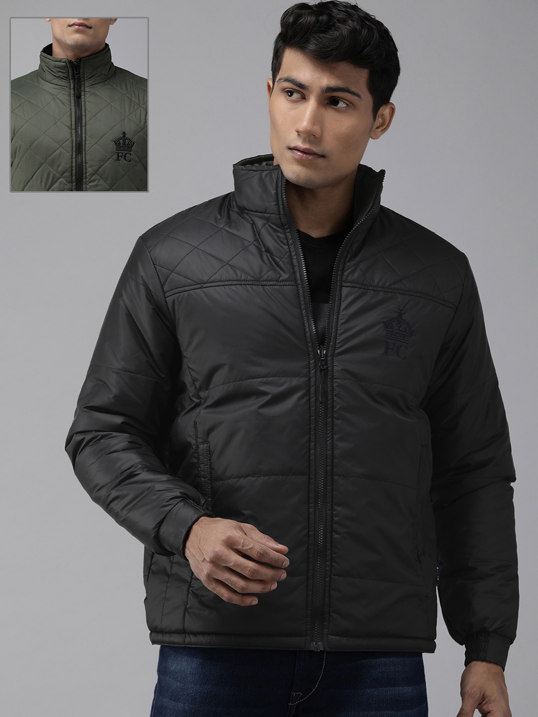 

French Connection Men Black /Green Reversible Quilted Jacket
