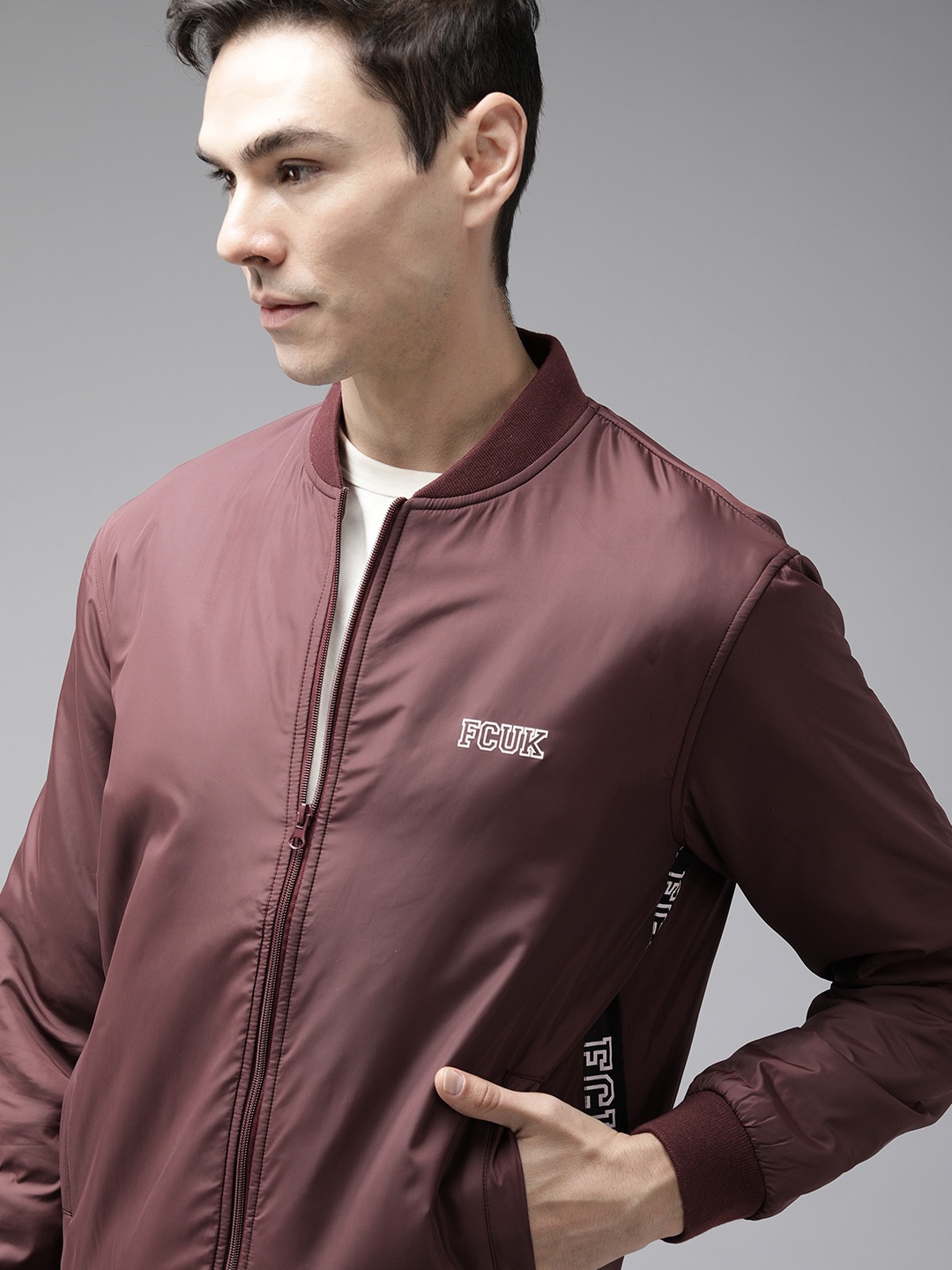 

French Connection Men Burgundy Brand Logo Bomber Jacket