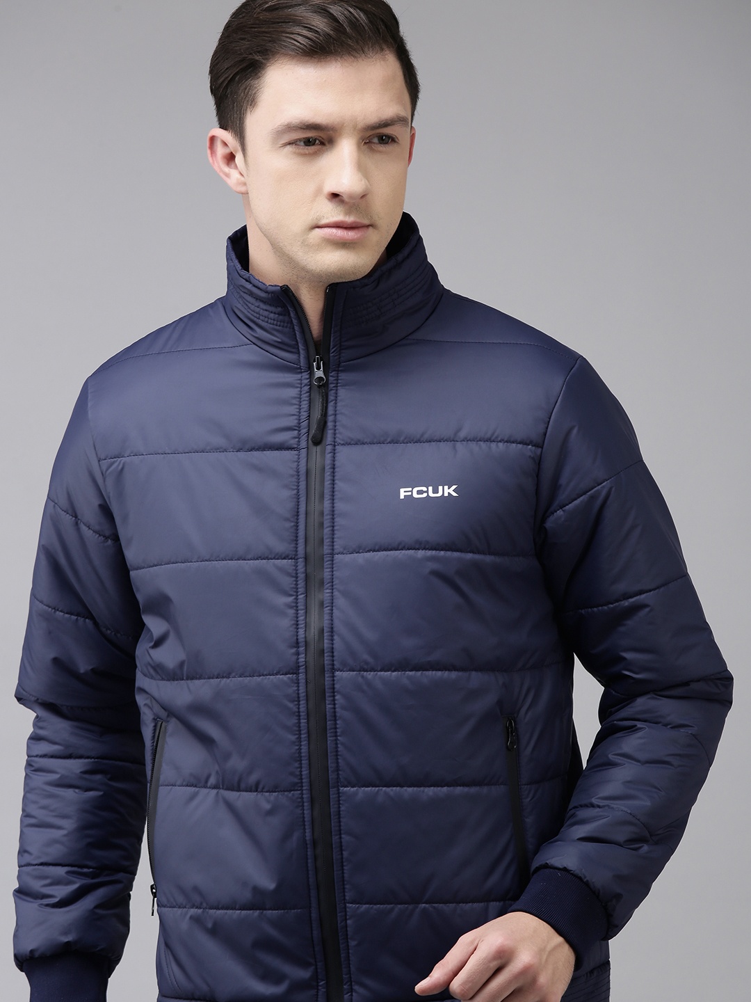 

French Connection Men Navy Blue Solid Mock-Collar Quilted Jacket