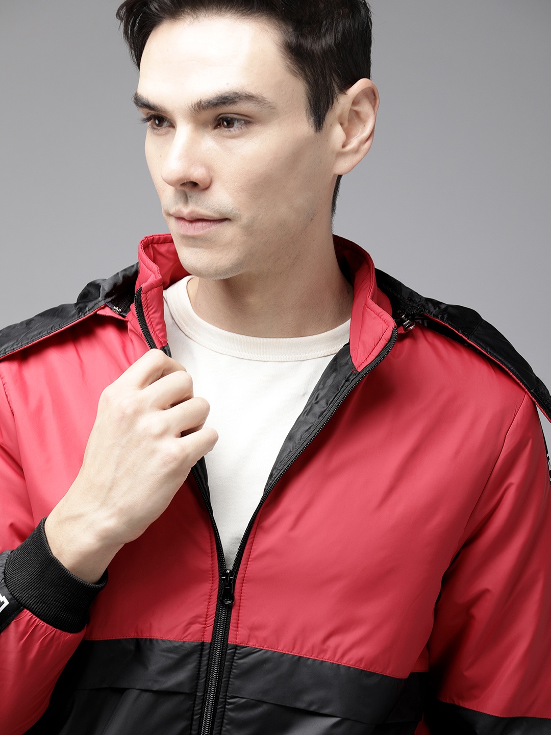 

French Connection Men Red Black Colourblocked Brand Logo Sporty Jacket