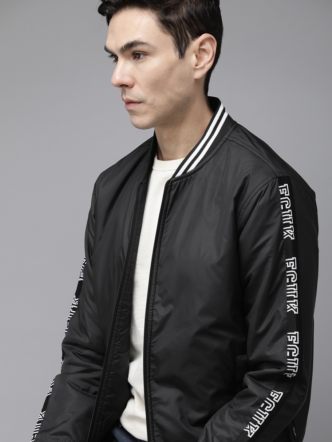 

French Connection Men Black Colourblocked Brand Logo Bomber Jacket